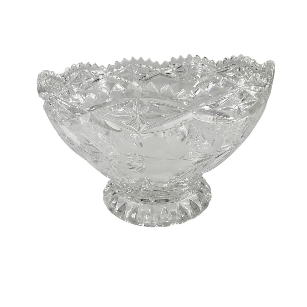 Vintage Imperlux Hand Cut 24% Lead Crystal Bowl Etched Roses 6.25" Footed